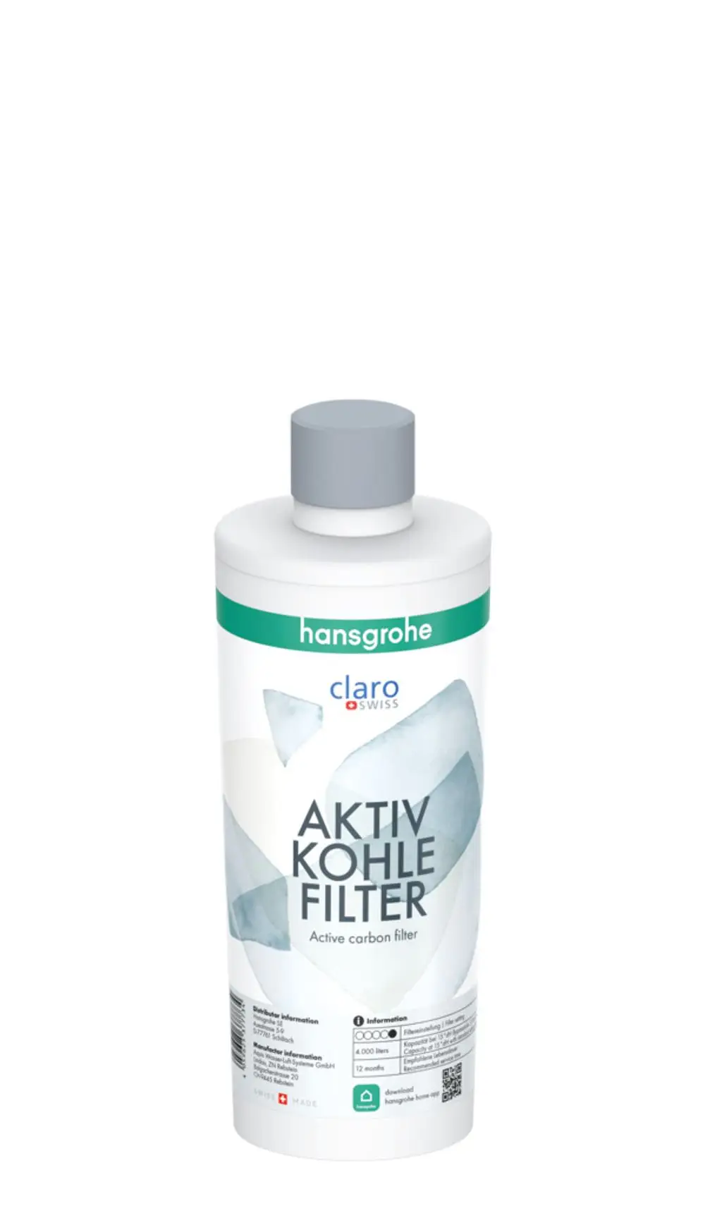 Weiße Flasche mit grauem Deckel, beschriftet mit "Aktiv Kohle Filter" und Logo von Hansgrohe. Auf der Rückseite Informationen zur Anwendung und Herstellungsdetails.